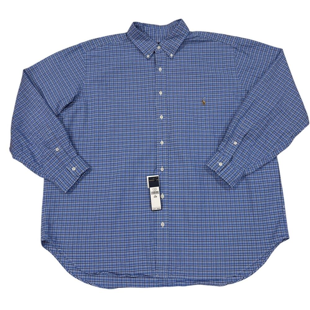 Ralph Lauren Shirt Mens Sz 2XL B Blue Plaid Oxford Button Up Long Sleeve Preppy